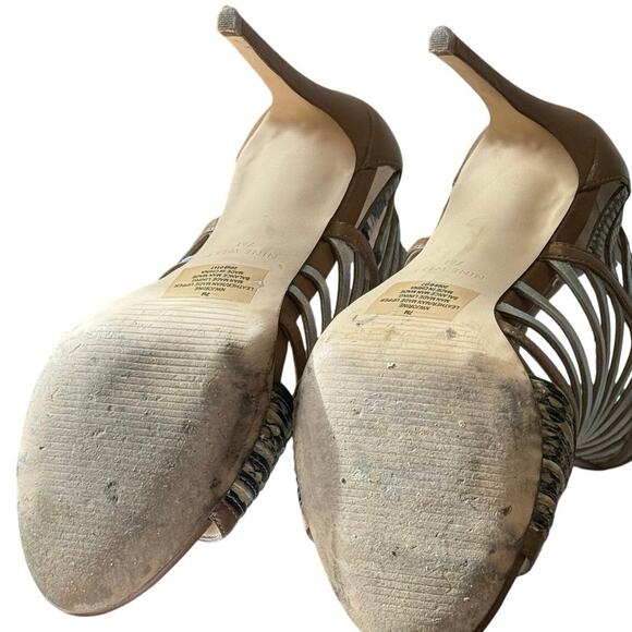 Nine West SZ 7 in Box Tan Leather 4" STILLETO Heel PEEP TOE Snakeskin Metallic - Picture 6 of 16